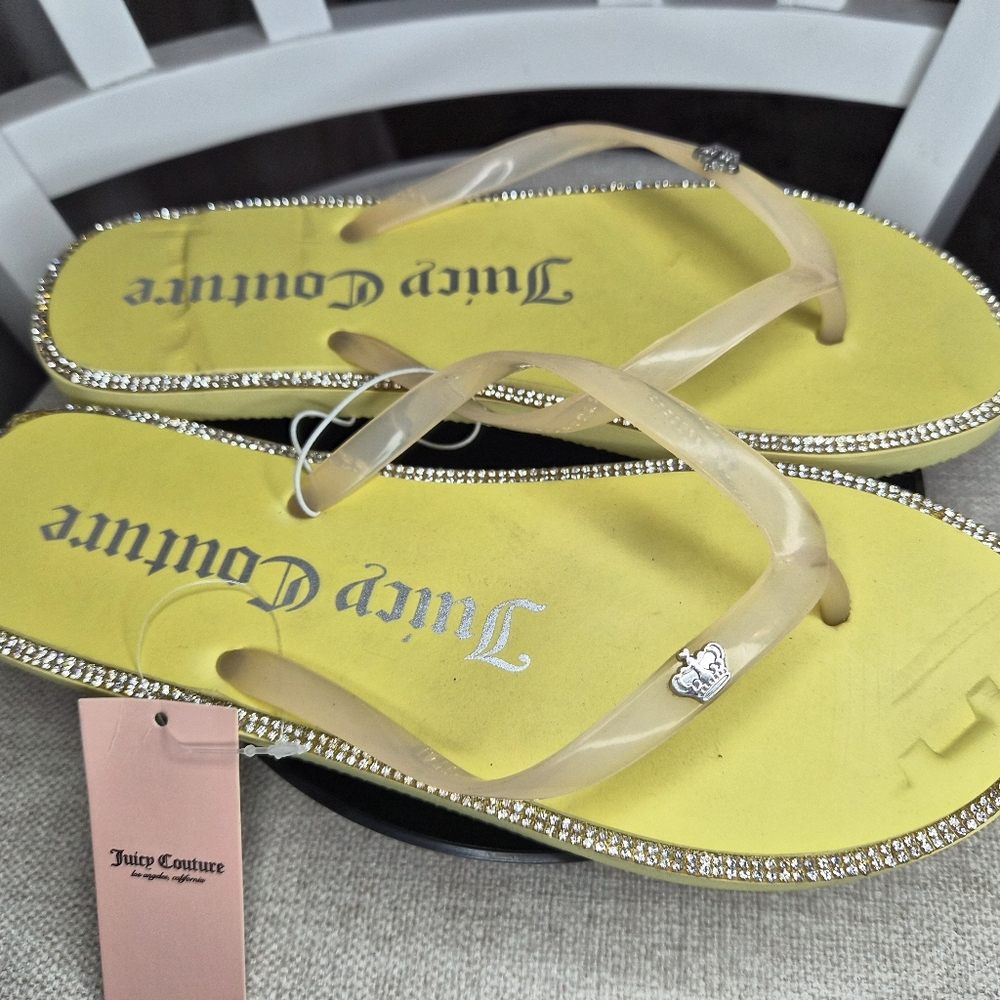 NWT Juicy Couture Yellow Flip Flops with Rhinestone Trim